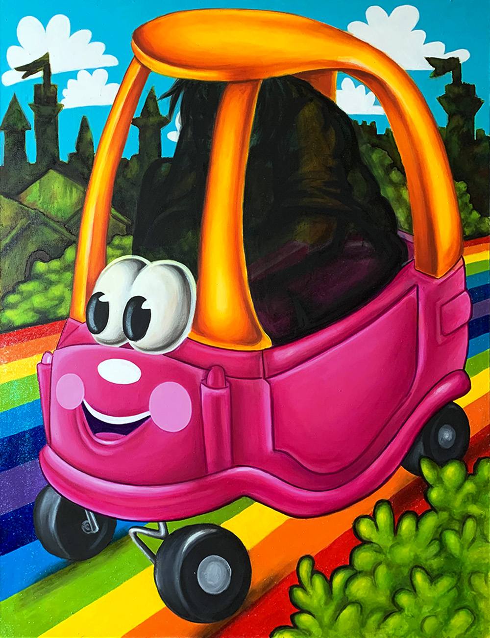 Uśmiechnięty wózek jadący po tęczowej drodze