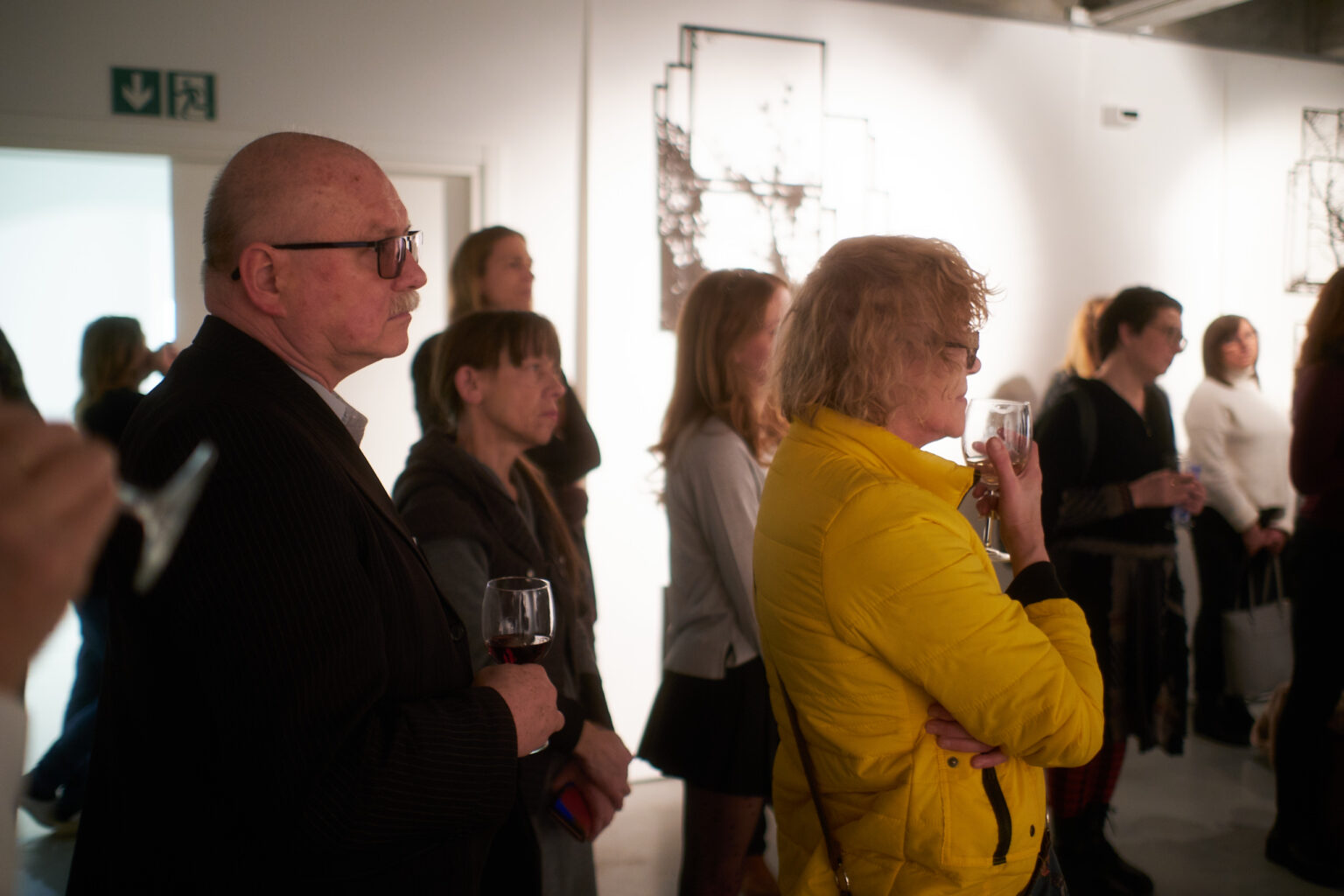 Otwarcie wystawy w galerii sztuki. Osoby słuchają wypowiedzi twórców wystawy