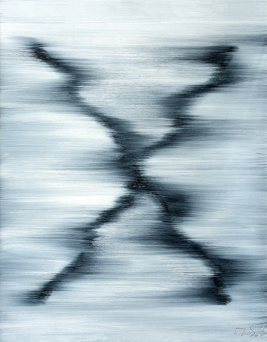 Reprodukcja pracy Konrada Jarodzkiego, pod tytułem "Alfa I", z cyklu "Alfabet" z 2004 roku, w technice olej na płótnie