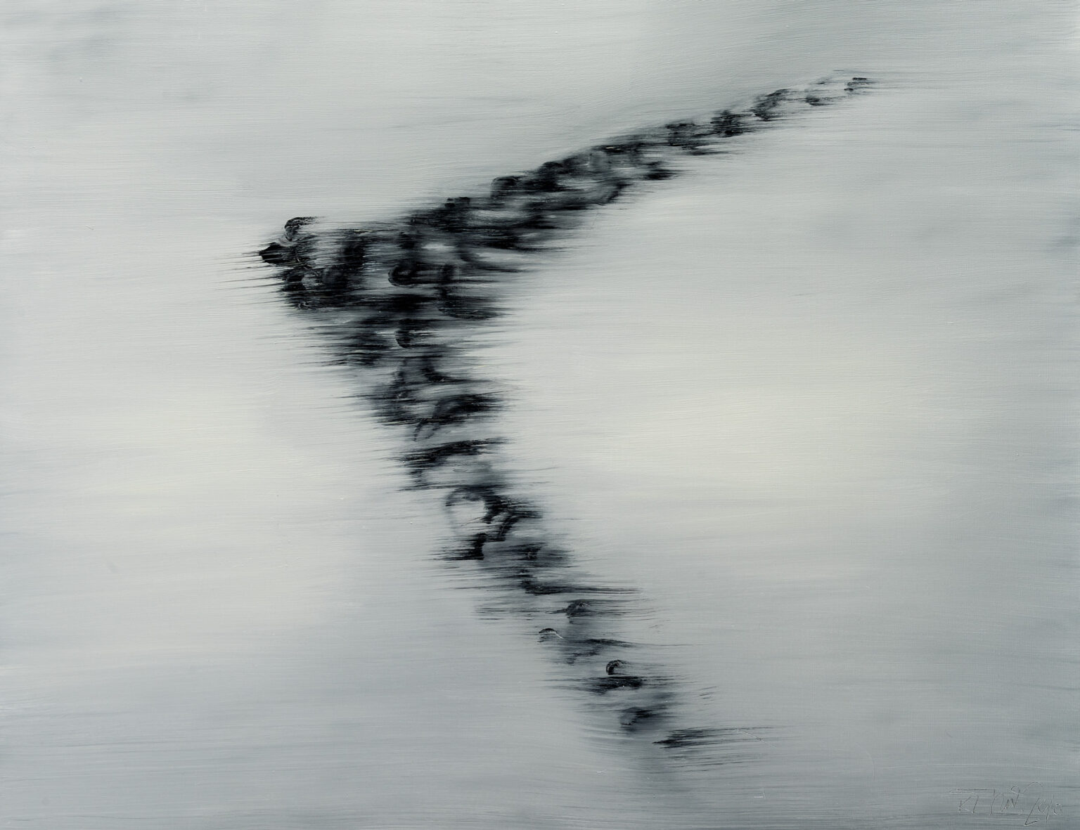 Reprodukcja pracy Konrada Jarodzkiego, pod tytułem "Klucz", z cyklu "Ptaki" z 2010 roku, w technice olej na płótnie