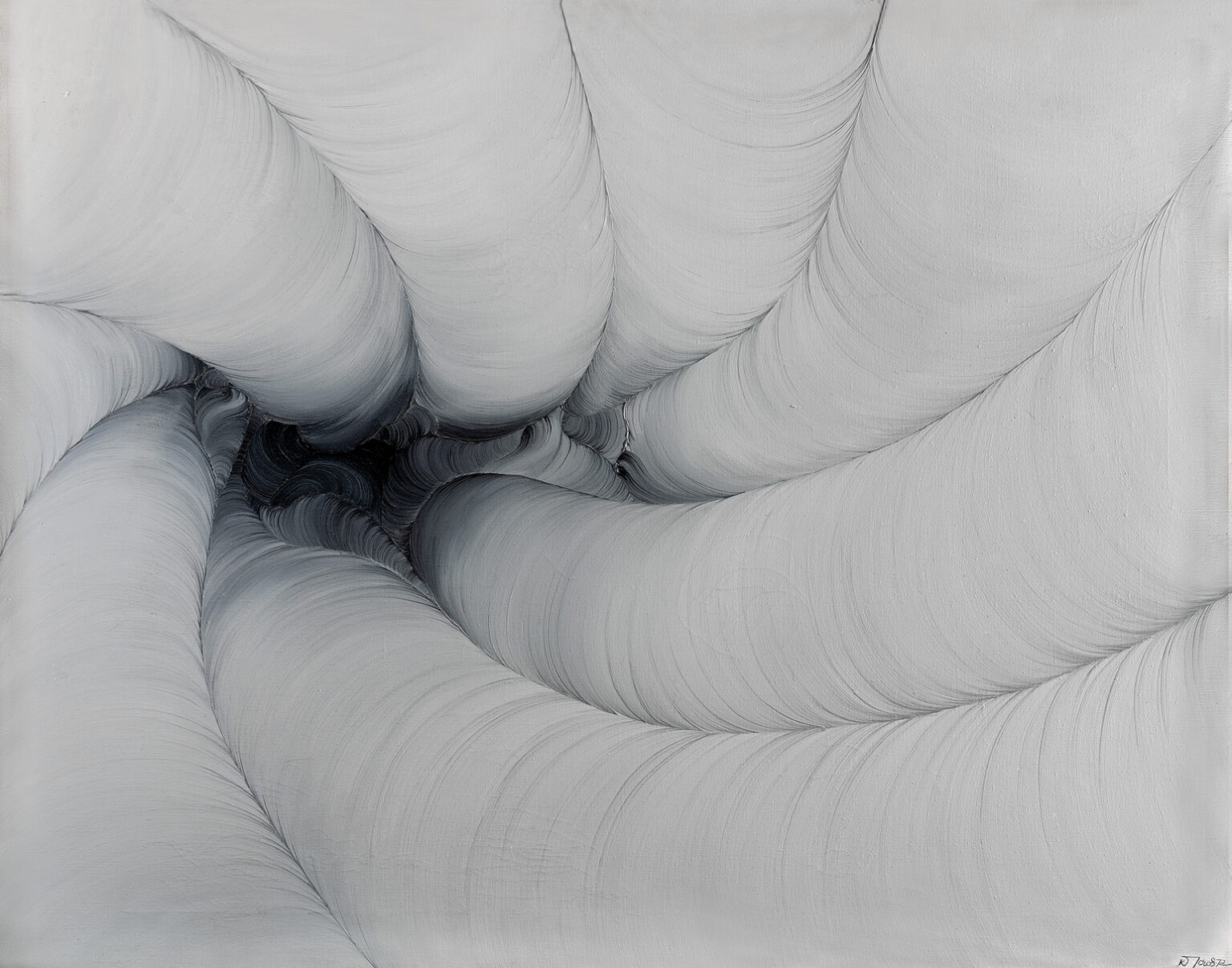 Reprodukcja pracy Konrada Jarodzkiego, pod tytułem "Penetracja IV", z roku 1972, w technice olej na płótnie