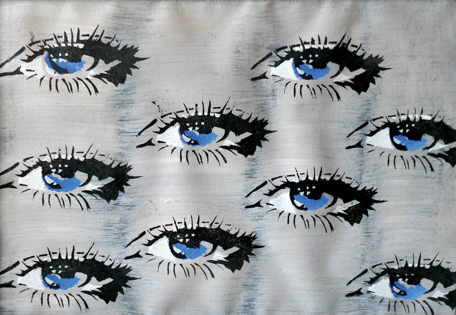 Reprodukcja pracy Pawła Jarodzkiego, pod tytułem "Patrz!", lata 2000, akryl, szablon, płótno na płycie pilśniowej