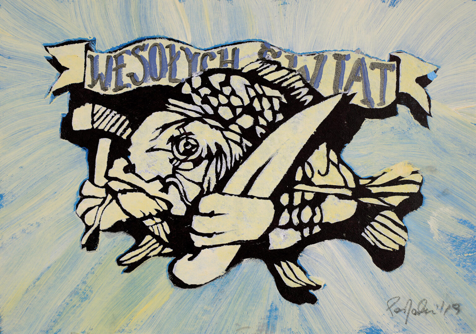 reprodukcja pracy Pawła Jarodzkiego, tytuł pracy Wesołych świąt, z roku 2019, technika pracy - akryl, tektura, wymiary 30 × 50