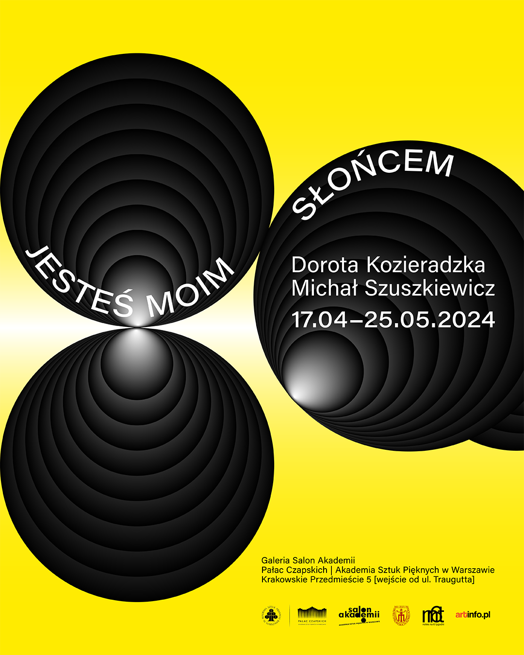 grafika, na której znajdują się trzy czarne okręgi na zółtym tle. W czarnycj okręgach tekst dotyczący wystawy "Jesteś moim Słońcem"