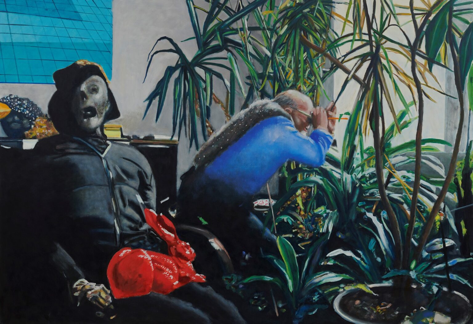 obraz barwny, którego elementem centralnym jest postać mężczyzny pośród roślin doniczkowych