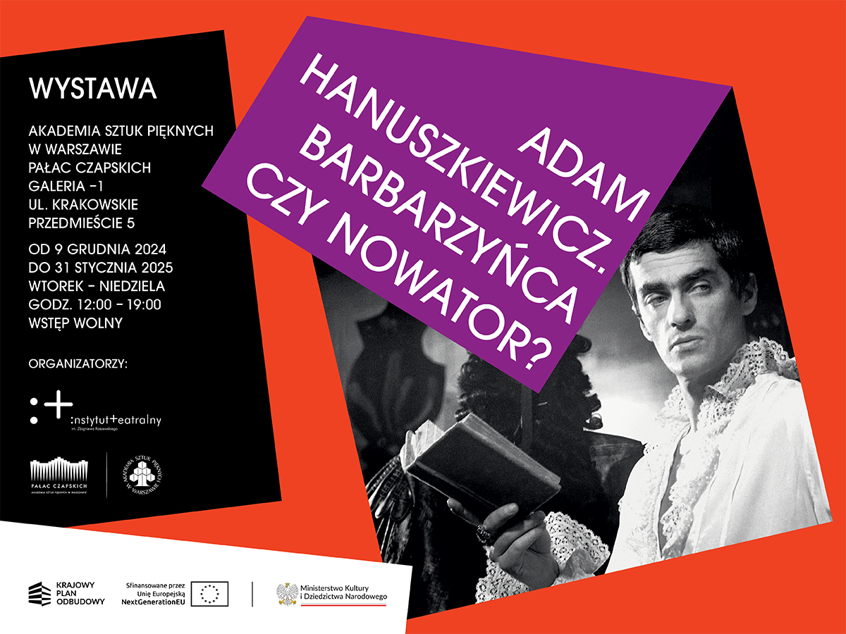 pomarańczowa grafika ztekstem i fragmentem czarno-białego zdjęcia przedstawiającego mężczyzną w białej koszuli z żabotem