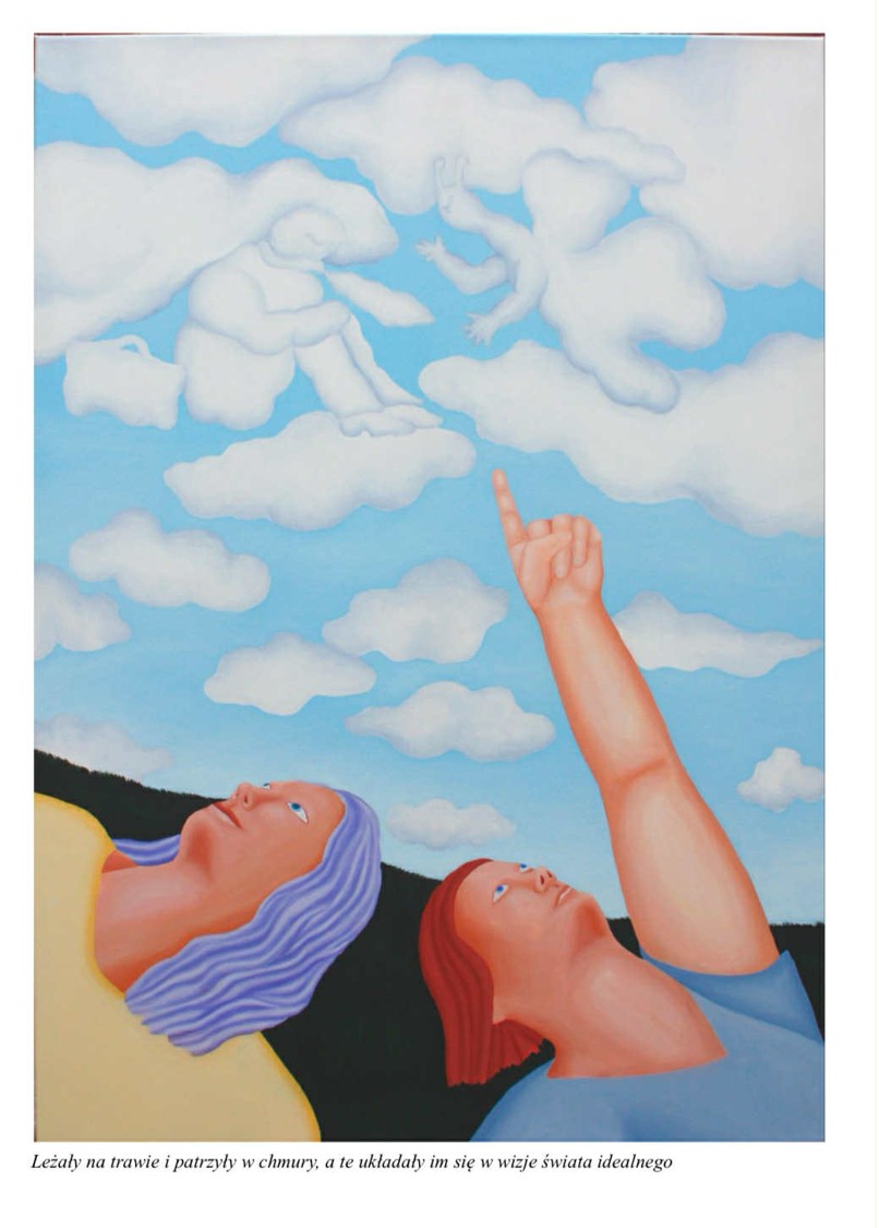 obraz z dwoma postaciami na jego dole, jedna z kobiet wskazuje palcem w stronę chmur. Chmury układają się w kształt motyla i postaci siedzącej.