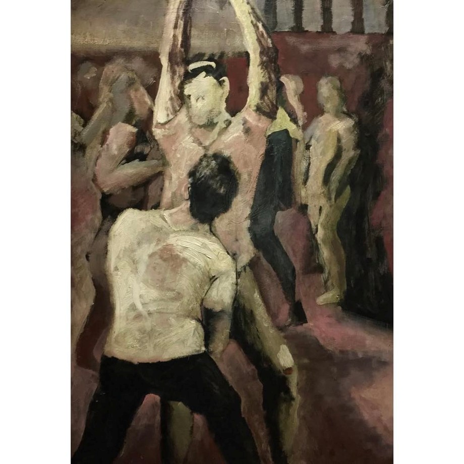 obraz. Na pierwszym planie dwóch mężczyzn, w tle większa grupa osób.