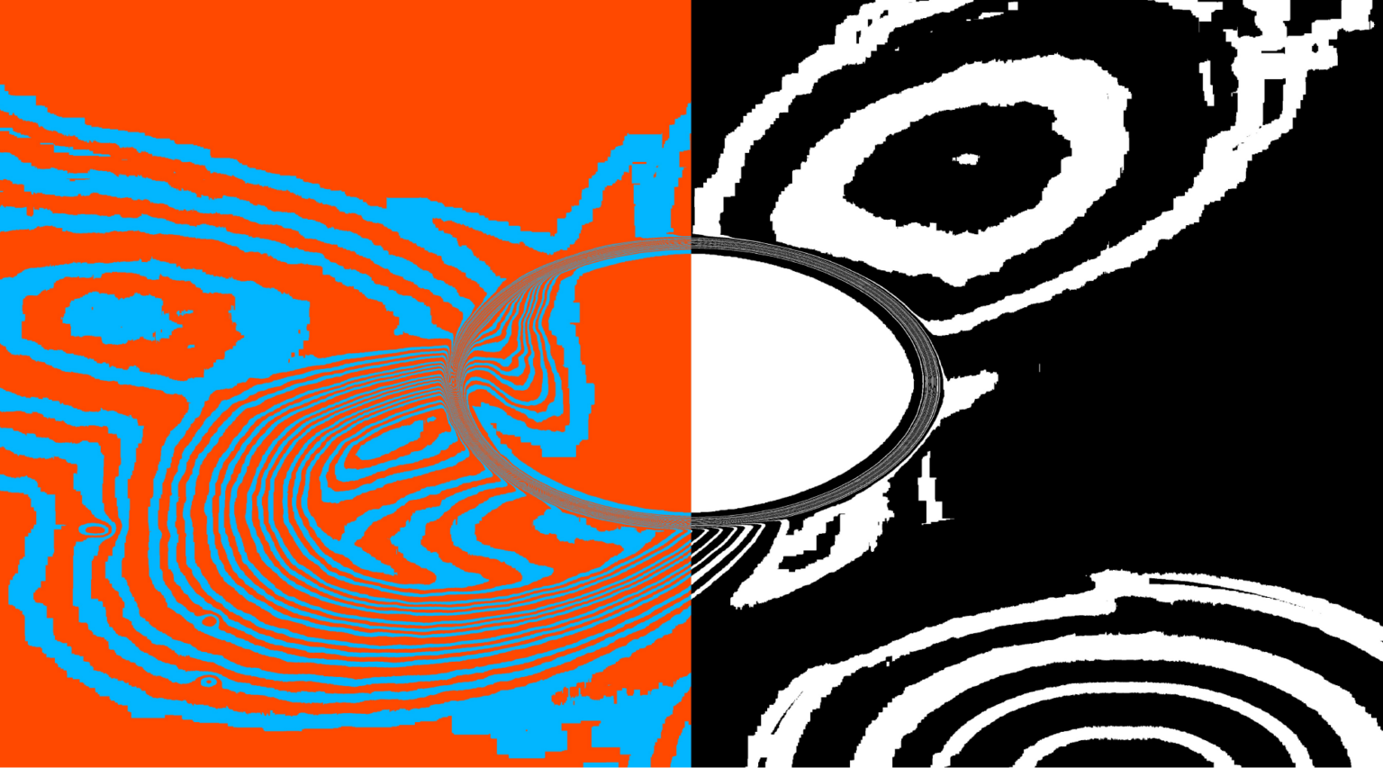 Zdjęcie okładki katalogu z wystawy 29. Międzynarodowego Biennale Plakatu w Warszawie. Abstrakcyjny, graficzny wzór w czerni, bieli, czerwieni i błękicie. katalog ustawiony na półce oświetlony słońcem.