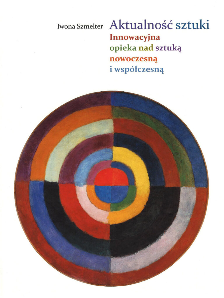 Okładka książki Iwony Szmelter "Aktualność sztuki. Innowacyjna opieka nad sztuką nowoczesną i współczesną" z geometrycznym, kolorowym wzorem kół.